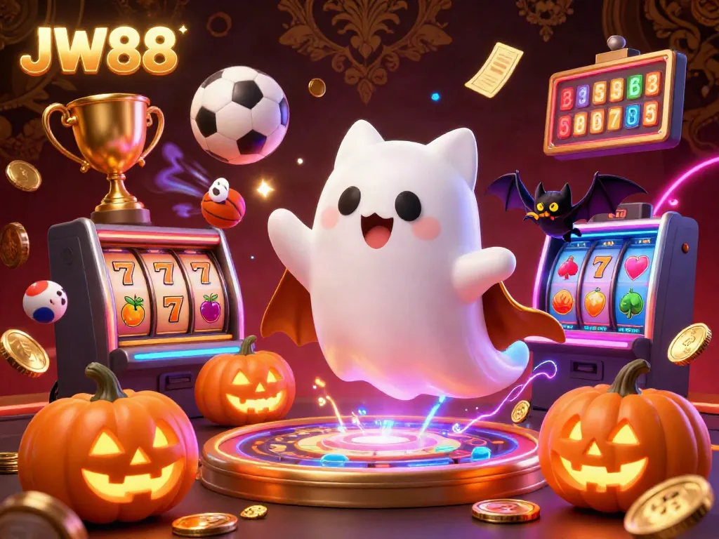Experience thrilling gameplay at JW88 with a vibrant 3D casino scene featuring a friendly ghost cat and spooky elements.