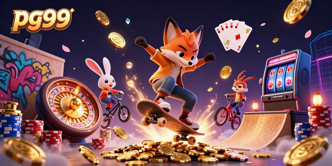 Experience the thrill of pg99 with a dynamic 3D cartoon scene featuring a skateboarder fox and BMX-riding rabbit amidst casino elements.