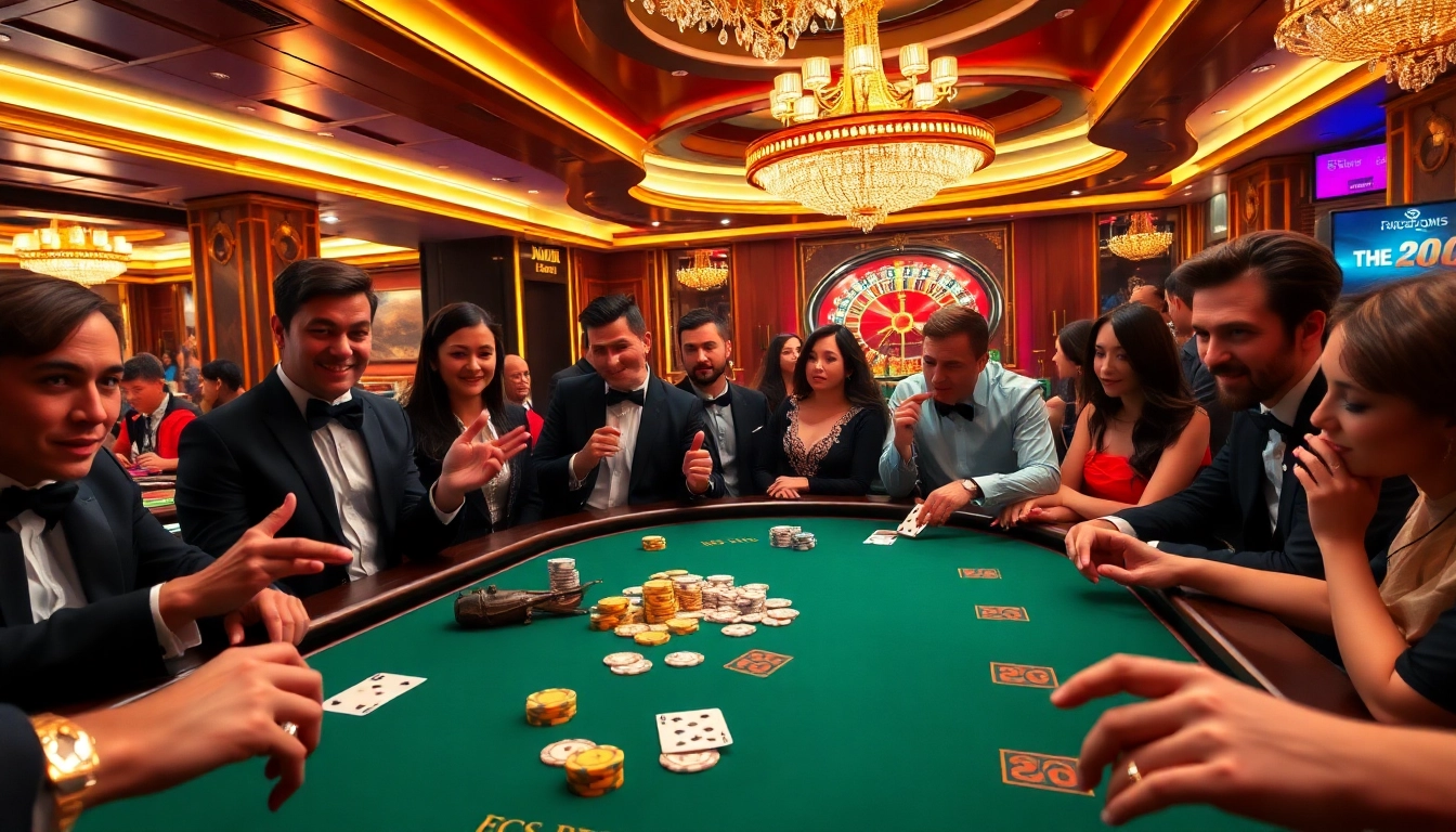 SKY88 players enjoying an exciting high-stakes poker game in a luxurious casino setting.