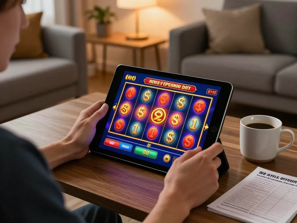 Engaging in 79king online slots with vibrant visuals in a cozy home setting.