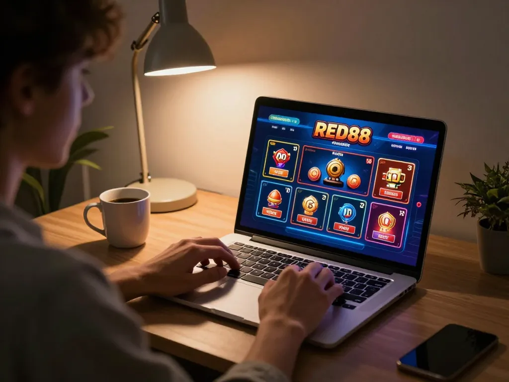 Enjoying online gaming on RED88 platform with vibrant interface and cozy atmosphere.