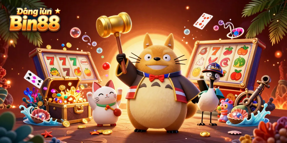 Experience the thrill of Đăng nhập Bin88 with lively characters and vibrant casino elements in this dynamic illustration.