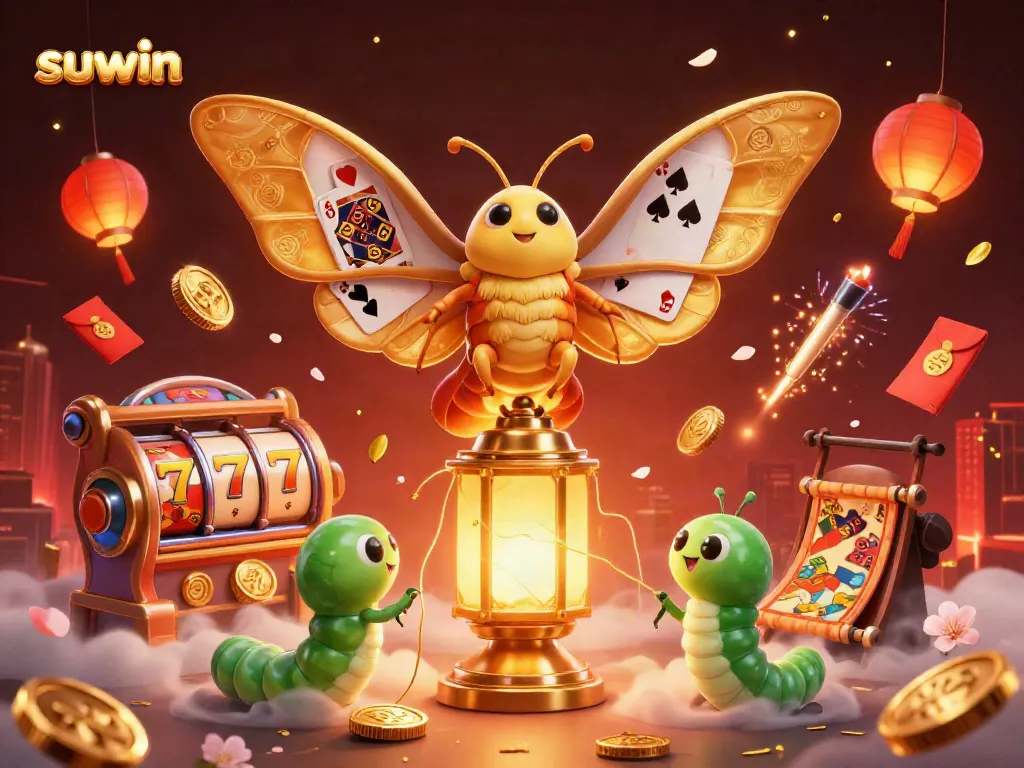 Suwin spins bright slot reels amid golden celebrations and festive elements in a vibrant casino scene.