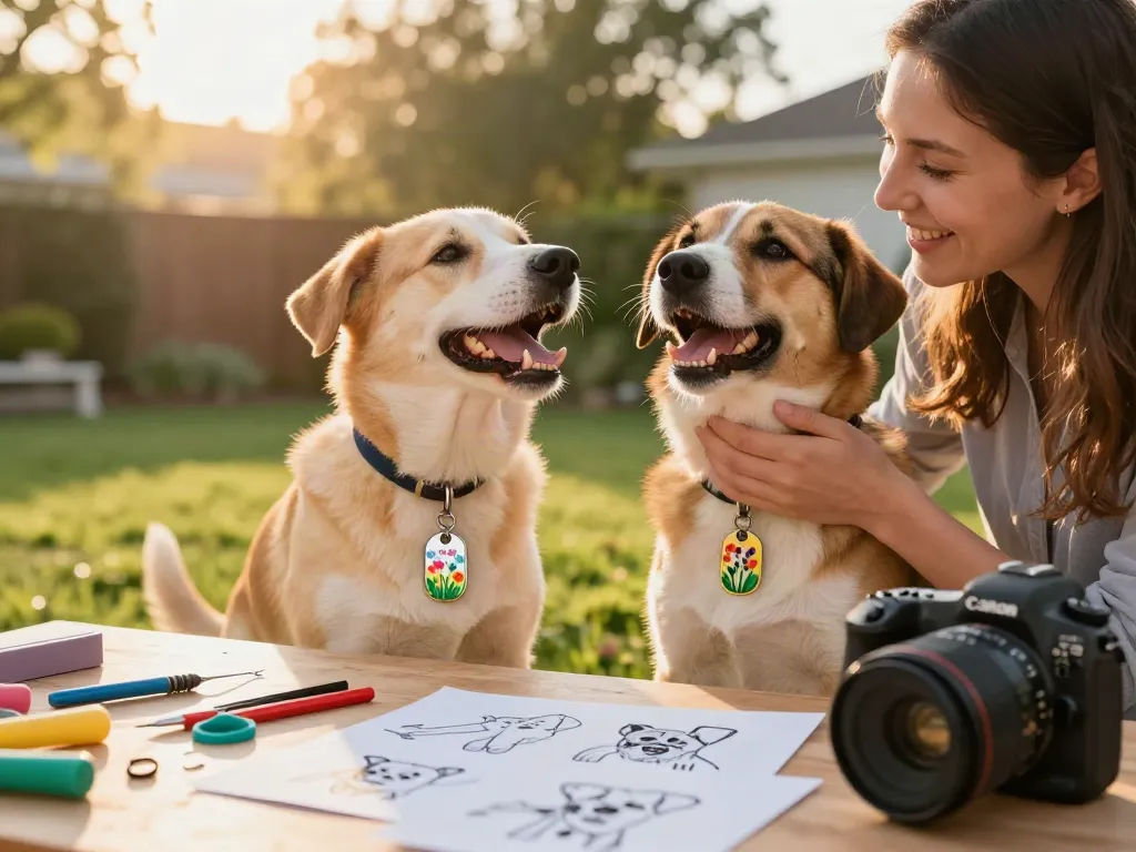 Hondenpenning in gebruik door een blije hond in de zon met vrolijke bloemen op de achtergrond.