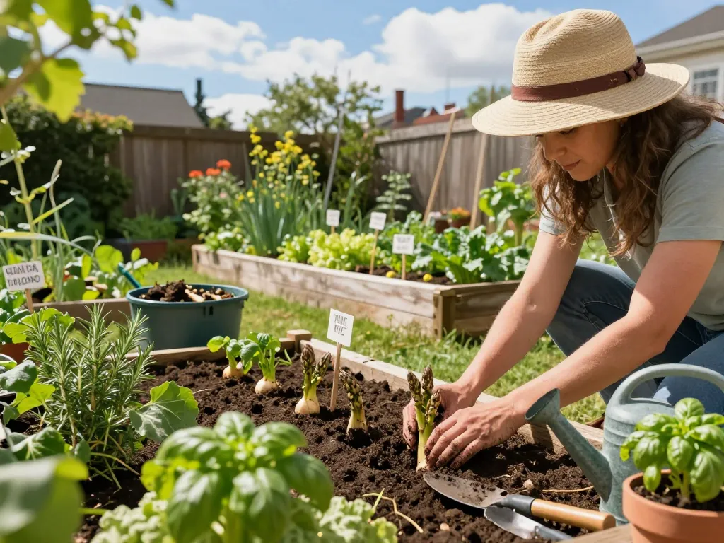Asperges moestuin gardening scene with seedlings and lush greenery.