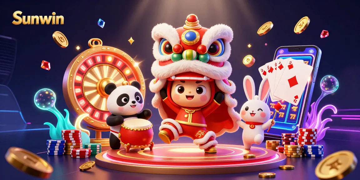 Engage in vibrant casino action with Sunwin as animated characters dance amidst coins and games.