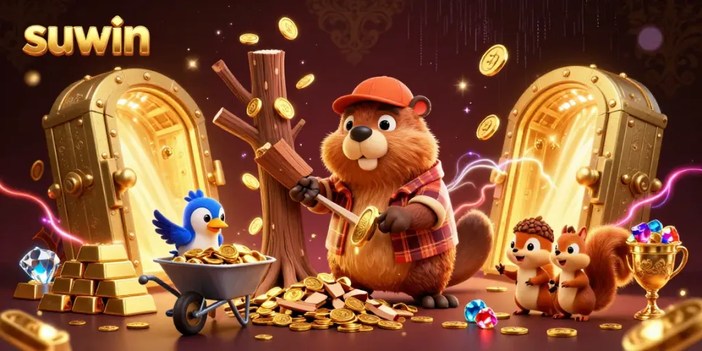 Suwin casino adventure featuring a playful beaver and friends amidst treasures, crafting magical moments.