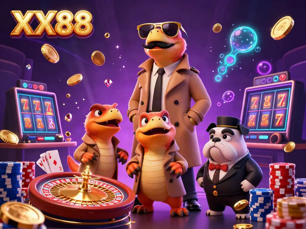 XX88: cartoon raptors in a trench coat entering a casino, surrounded by coins and casino items.