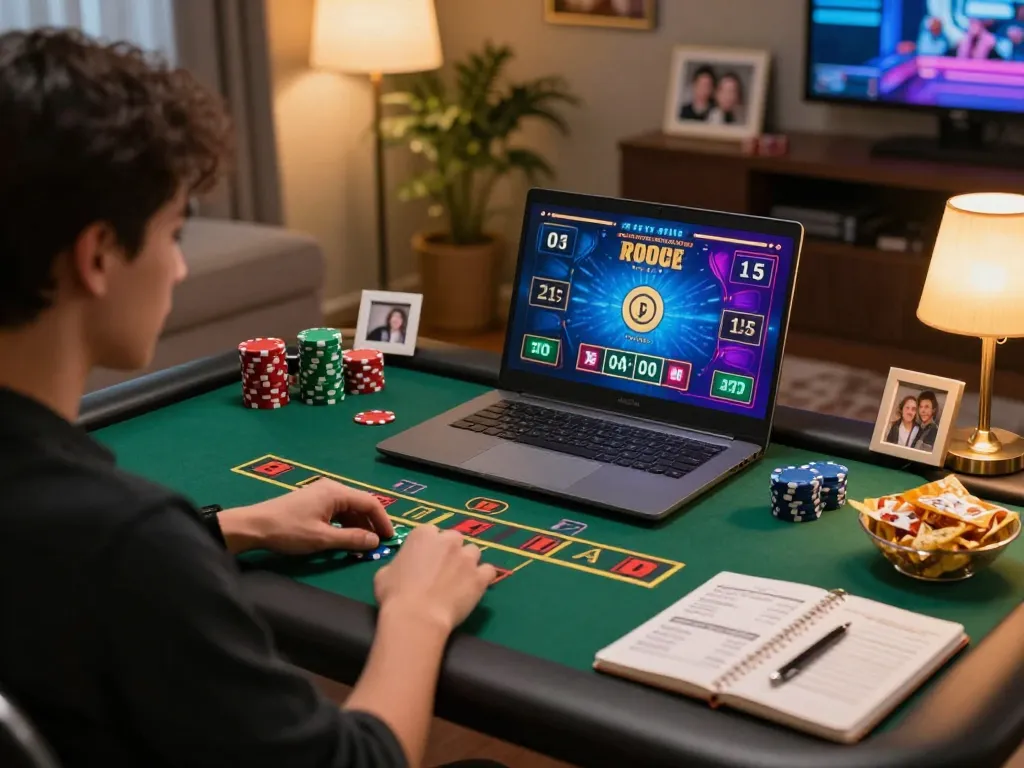 Player enjoying sunwin blackjack on laptop in cozy gaming environment, emphasizing strategic play.