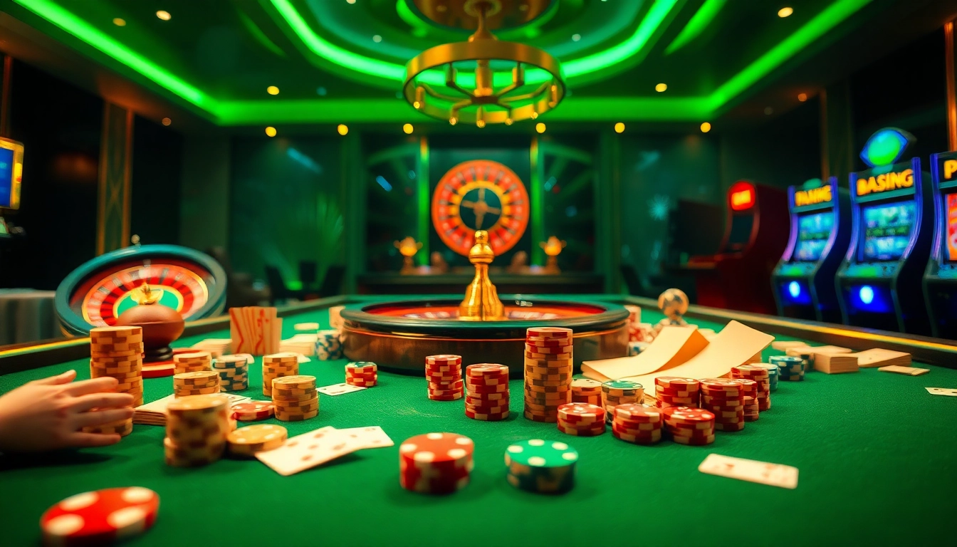 Players enjoying an exciting online casino experience at https://bong88s.com/, featuring poker chips, cards, and bright slot machines.