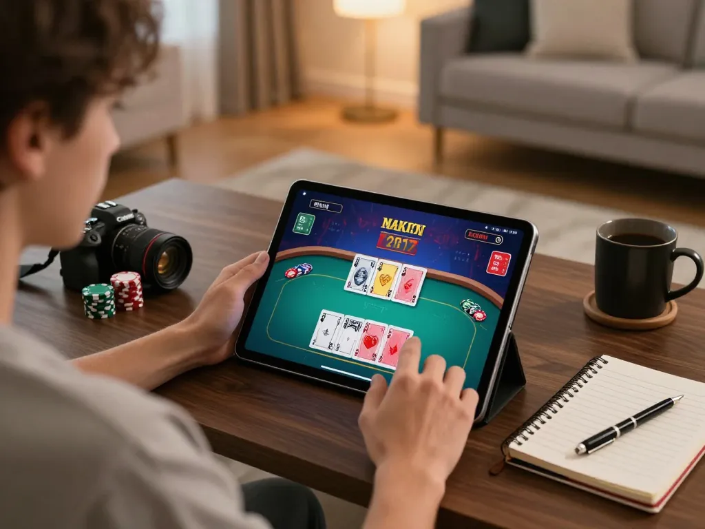 Player enjoying an engaging GO8 poker game on tablet in a modern home setting, enhancing strategic gameplay.