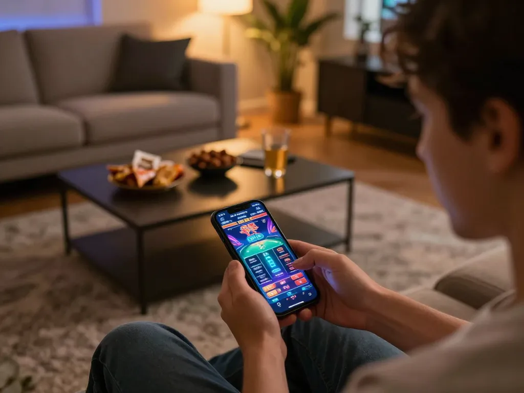 LU88 player engaging with mobile gaming app in a cozy home setting, showcasing exciting gameplay experience