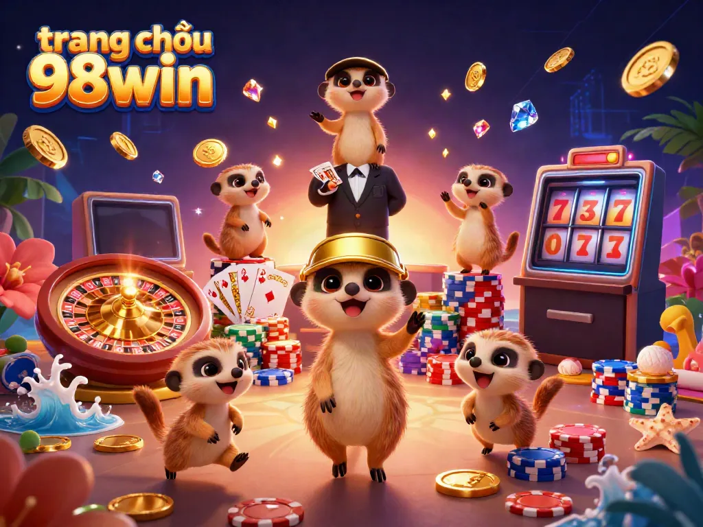 Engage in thrilling gaming at trang chủ 98win featuring vibrant 3D meerkat characters in an online casino setup.