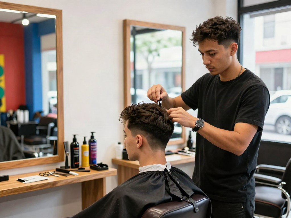 rokok88 barbershop scene with stylist giving a modern haircut