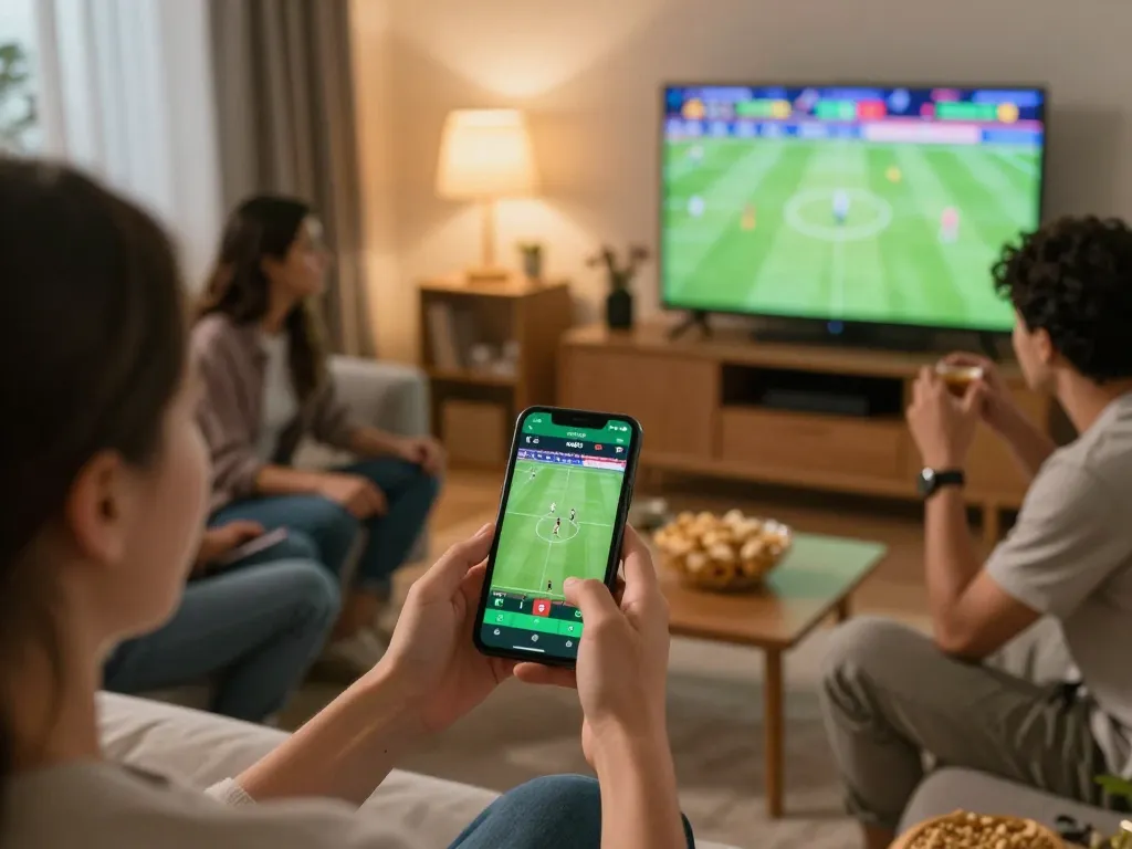 Soccer betting excitement as a person places bets on a mobile app while enjoying a live match with friends.
