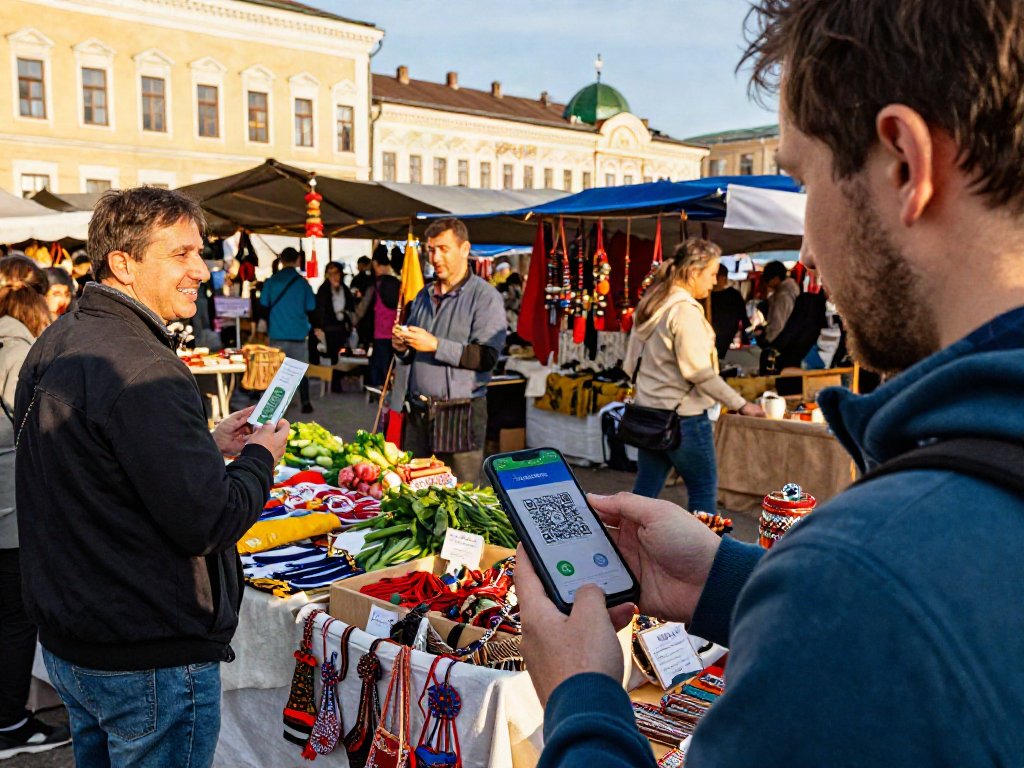 Een toerist die met de PayInRussia-app betaalt op de markt, omgeven door lokale producten en historische gebouwen.