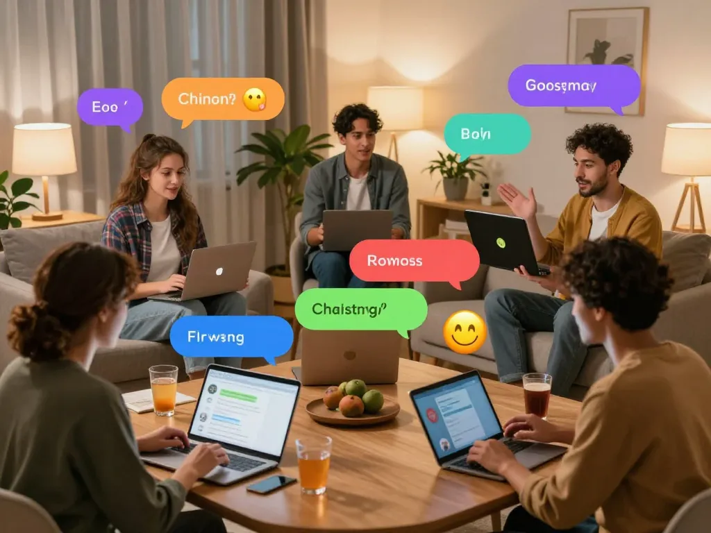 Engaging sex chat scene with diverse adults enjoying lively discussions in a warm home environment.