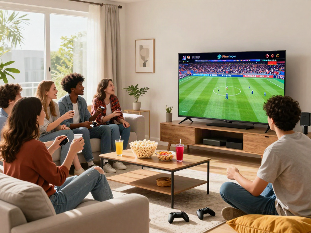 Friends enjoying the peka show on a smart TV in a cozy living room, filled with snacks and excitement.