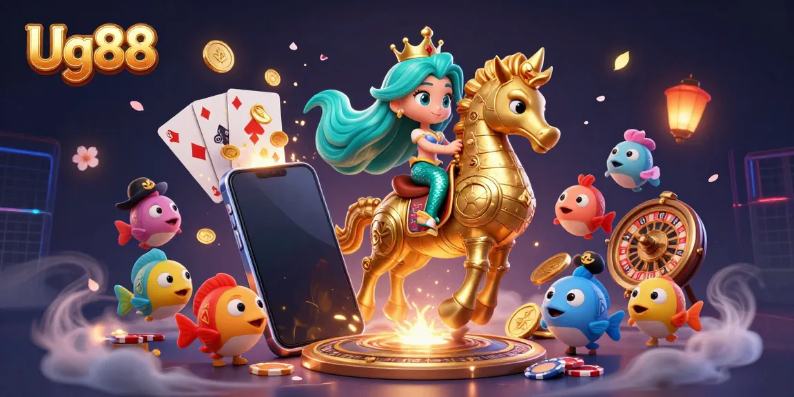 Experience the excitement of Ug88 with a vibrant 3D mermaid scene filled with casino elements and colorful characters.