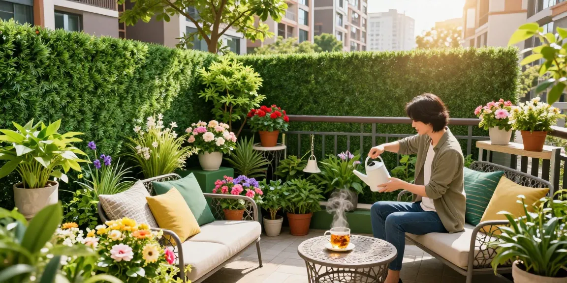 Leafely kunstheggen verfraaien een zonnig balkon met levendige bloemen.