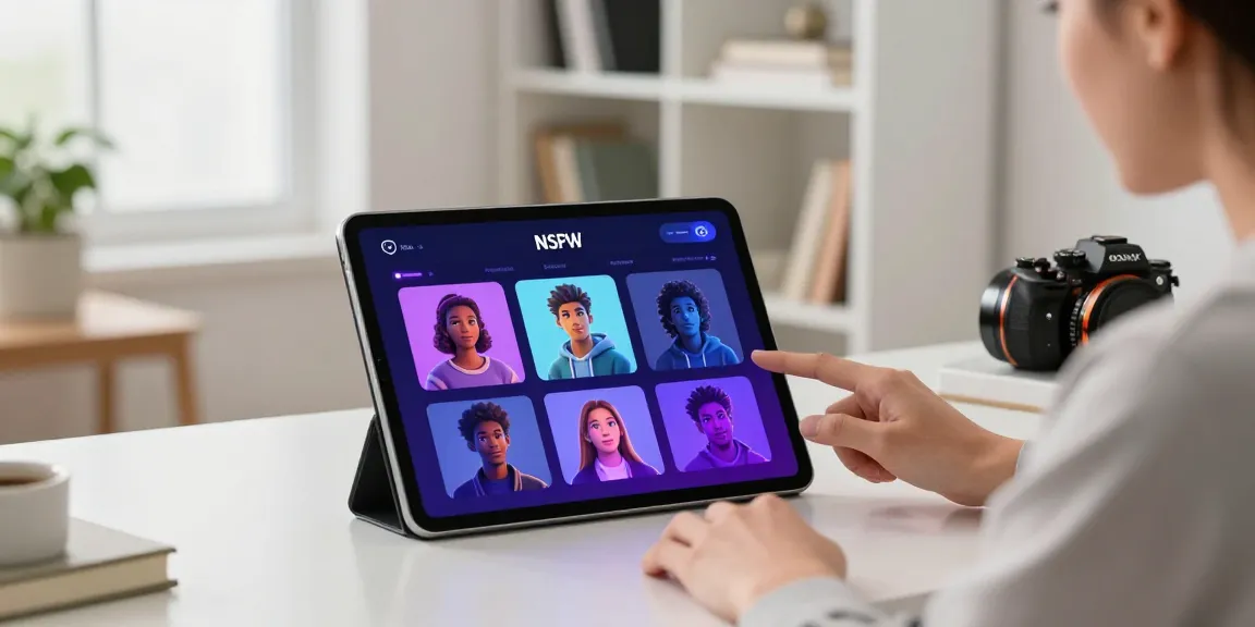Engaging user chatting with ai nsfw chatbot on tablet in modern office.