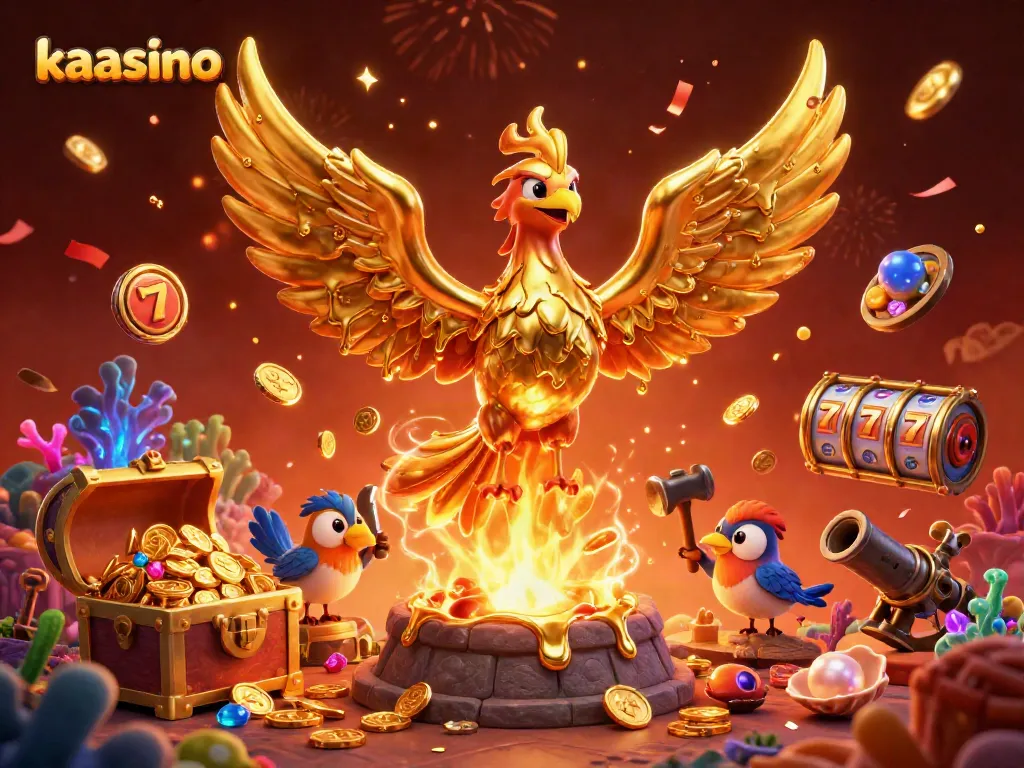 Kaasino invites players into a world of immersive casino fun, featuring a golden phoenix and dynamic gaming elements.