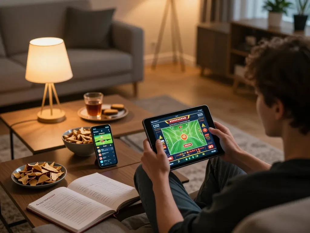Engaged gambler using rr88.center app on tablet during cozy home gaming session