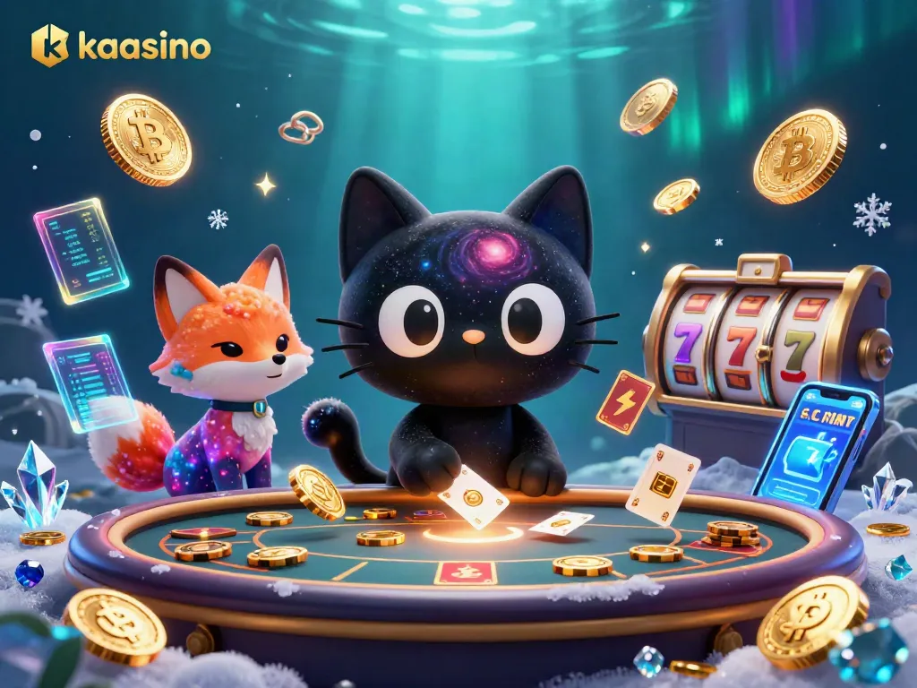 Kaasino's lively gaming scene features a cosmic black hole cat and colorful nebula fox showcasing thrilling slot reels.