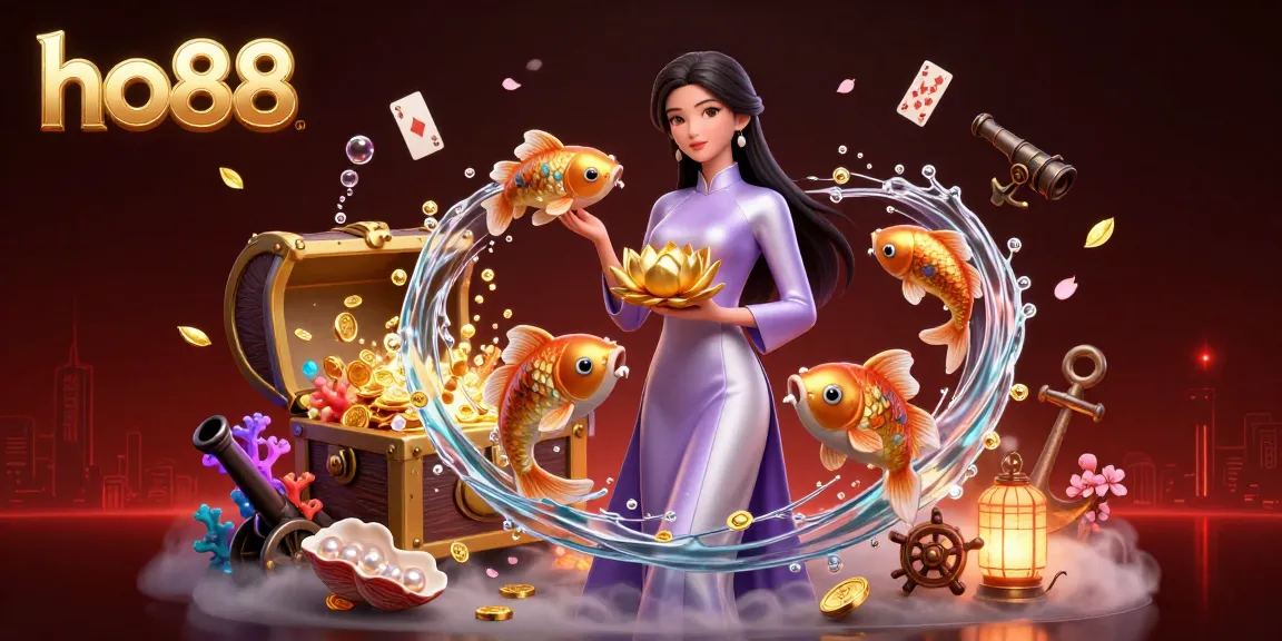The casino scene showcases ho88 with a woman holding a golden lotus, surrounded by coins and vibrant underwater treasures.
