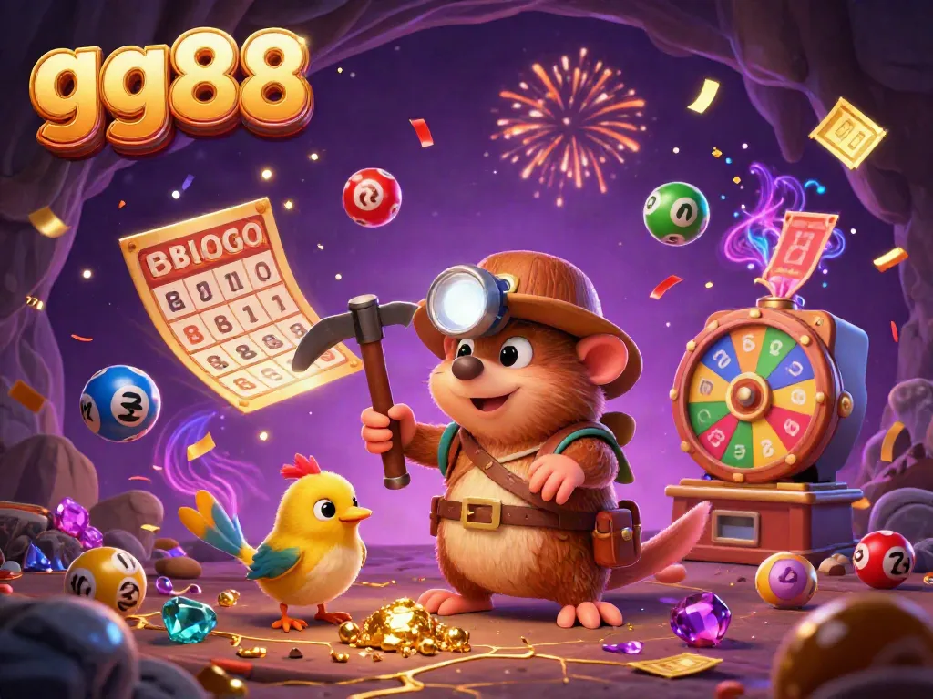 Experience thrilling gambling with gg88's vibrant 3D cartoon scene featuring a mole treasure hunter amid dynamic lottery balls and prizes.