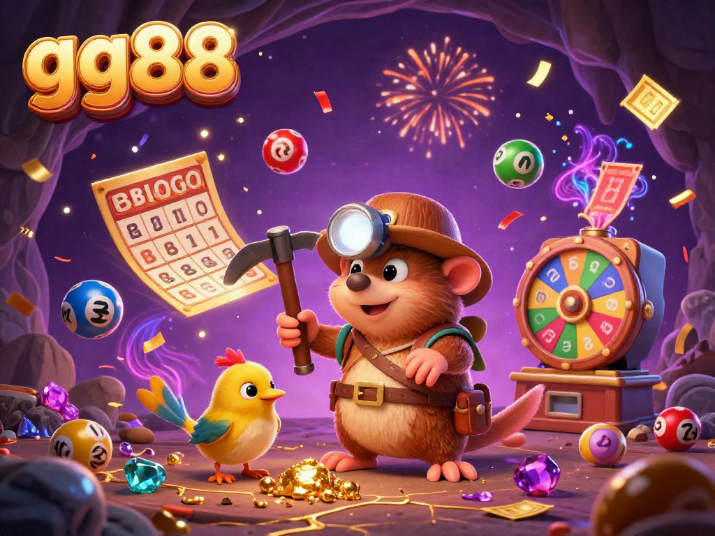 Experience thrilling gambling with gg88's vibrant 3D cartoon scene featuring a mole treasure hunter amid dynamic lottery balls and prizes.