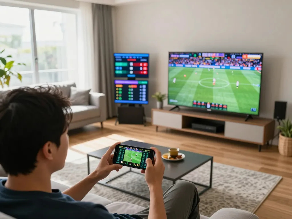 FABET user placing sports bets on smartphone while enjoying live match in modern living room.