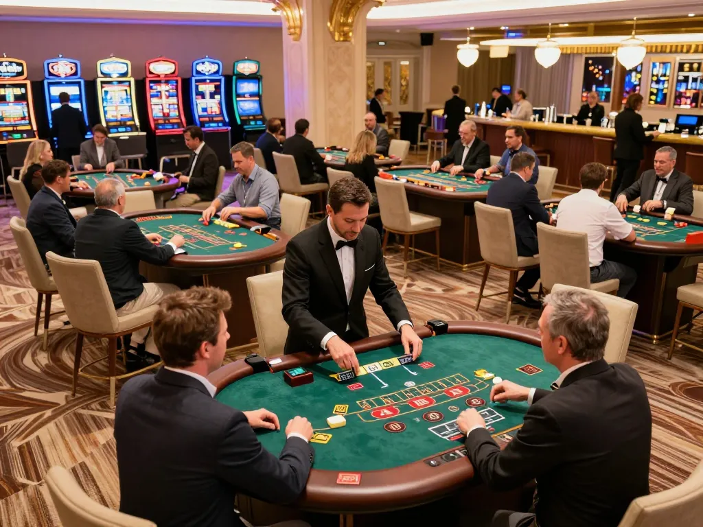 fun79 players enjoying an intense blackjack game on a vibrant casino floor, highlighting strategic gameplay.