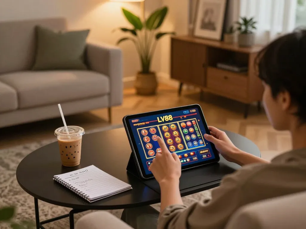 Player enjoying online casino games at LV88 on tablet in stylish home setting