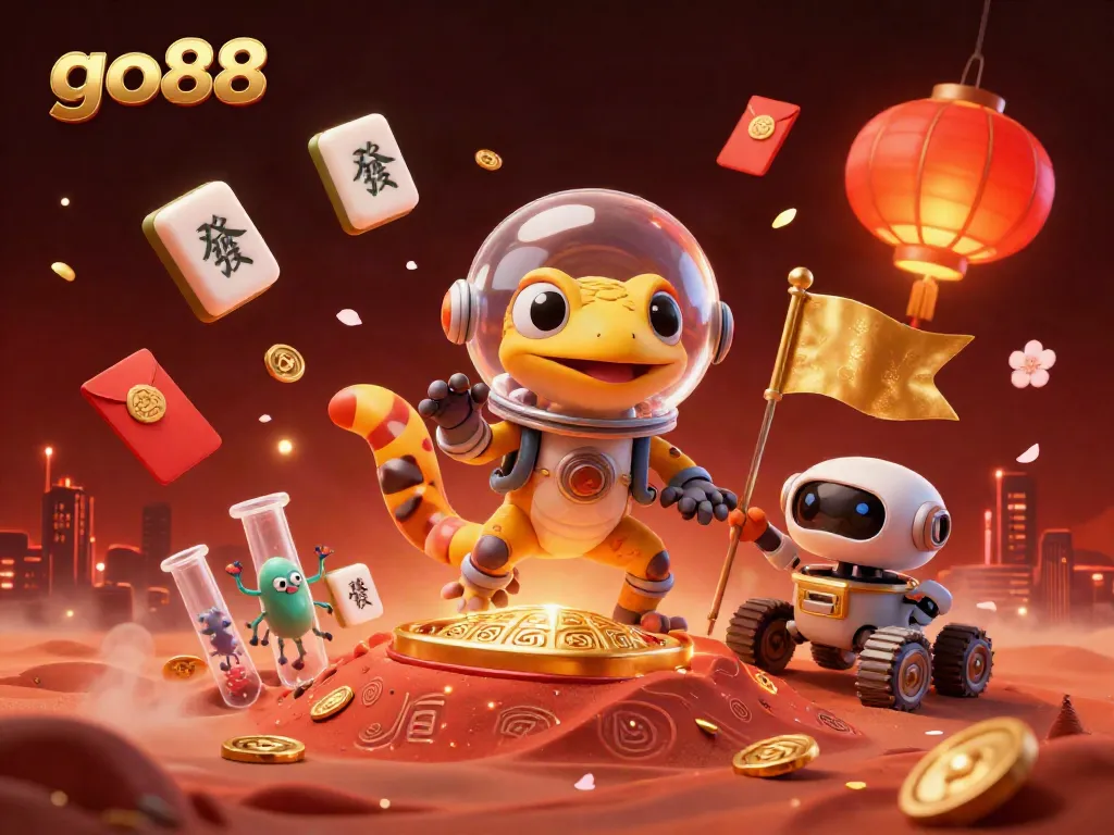Experience the excitement of go88 in this vibrant 3D illustration with a Martian gecko at a golden casino.