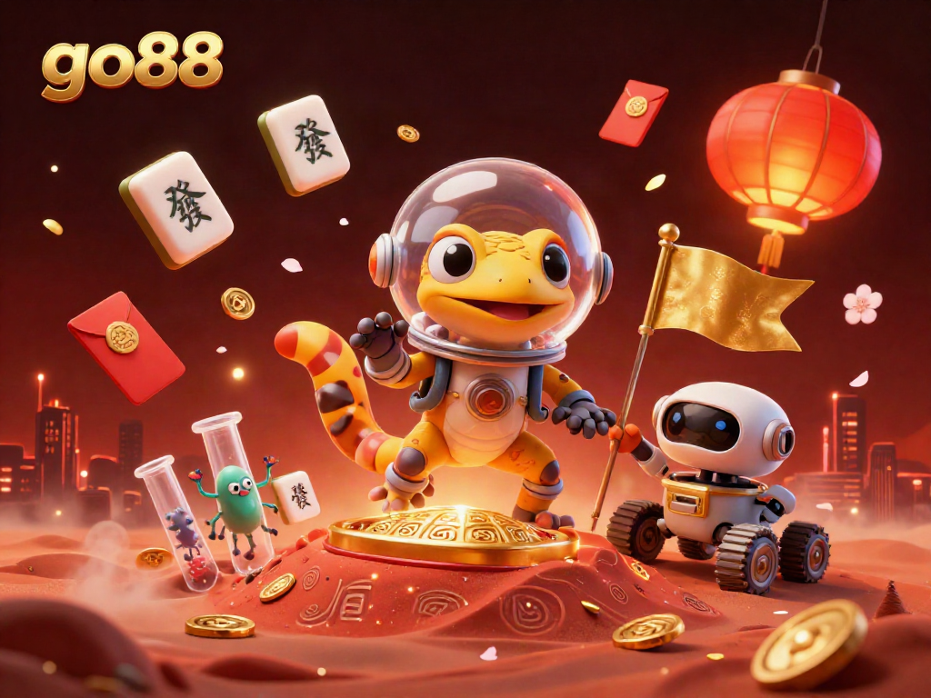 Experience the excitement of go88 in this vibrant 3D illustration with a Martian gecko at a golden casino.