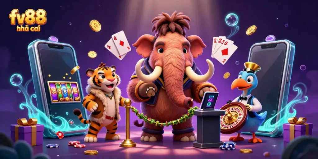 Experience the excitement of fv88 nhà cái with a vibrant casino scene featuring unique characters and rich gaming elements.