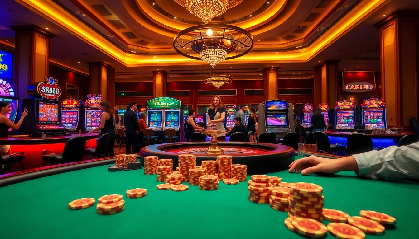Experience the excitement of SKY88 at a vibrant casino with roulette and slot machines.