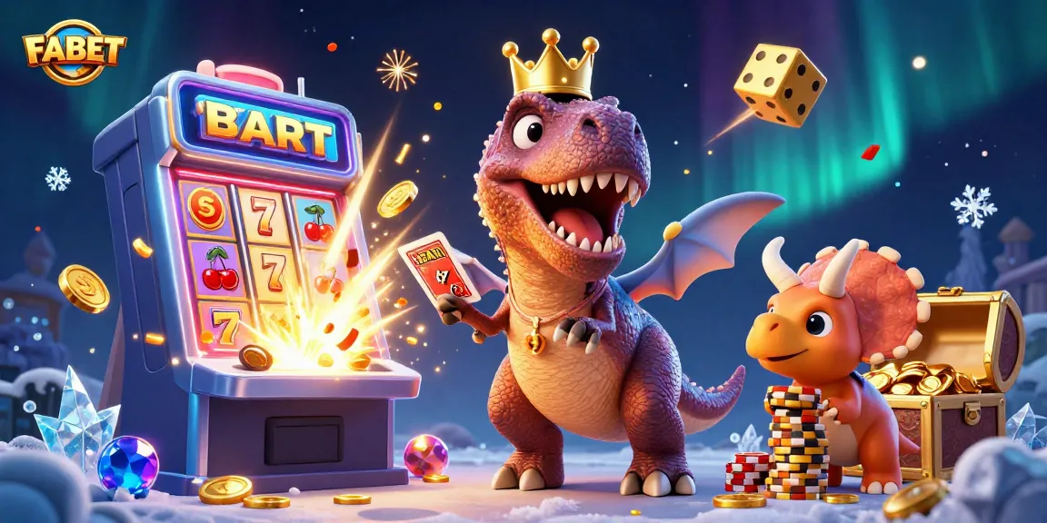 FABET showcases a vibrant casino scene where cartoon dinosaurs shuffle cards and stack chips amidst jackpot excitement.
