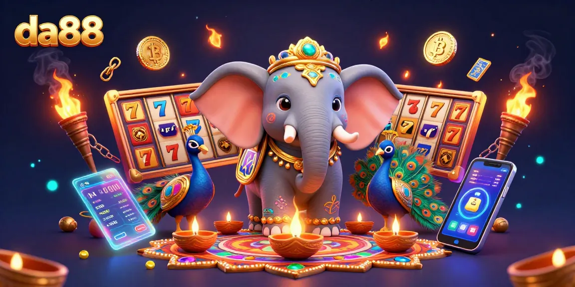 Experience da88's vibrant jackpot excitement with a Diwali-themed elephant amidst glowing casino elements.