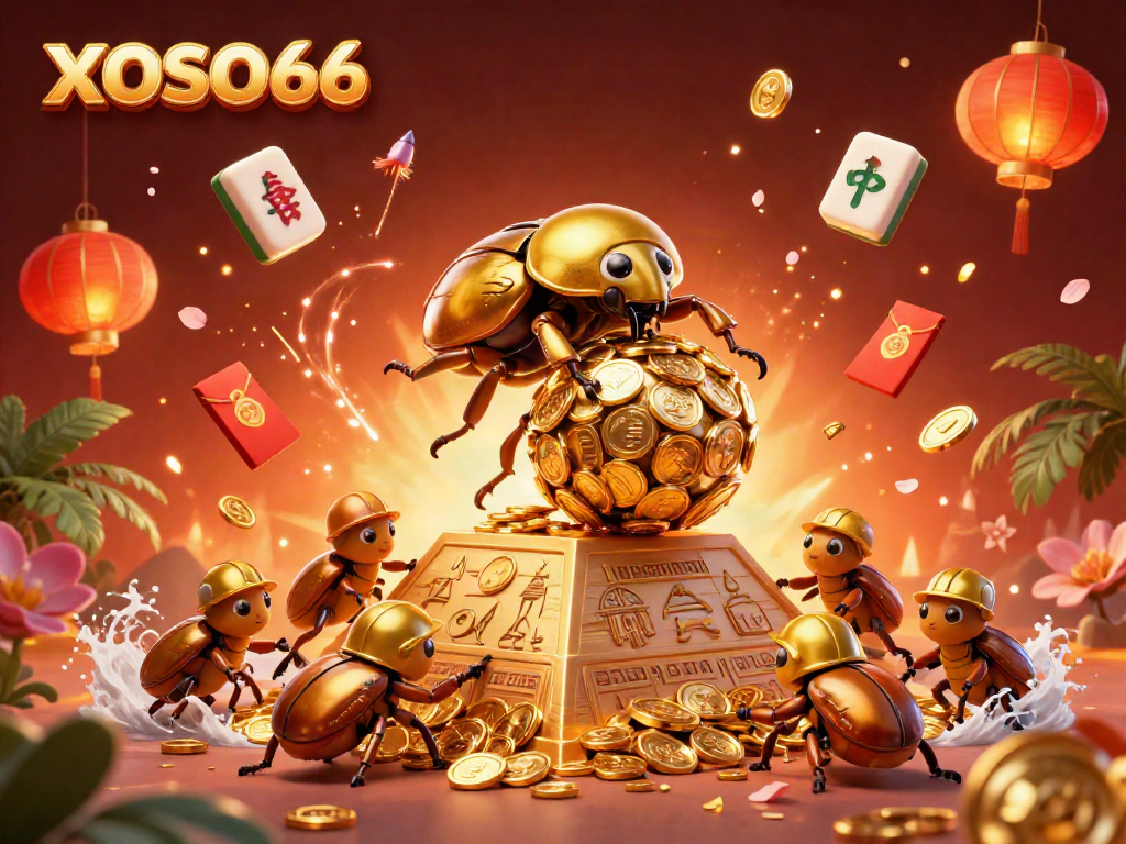 XOSO66 illustrates a golden dung beetle rolling coins, symbolizing prosperity in gambling.