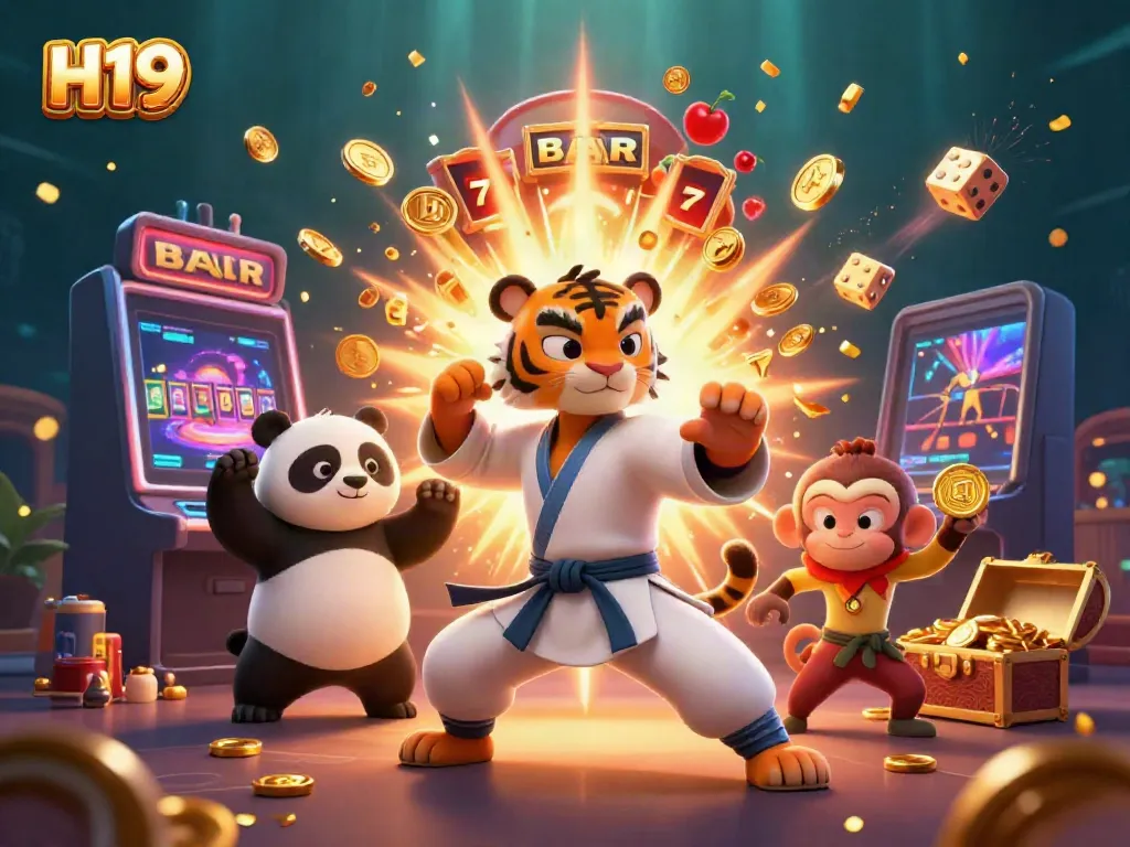 Experience the thrill of H19 online casino with a vibrant scene of cartoon characters celebrating wins.