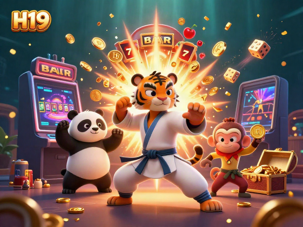 Experience the thrill of H19 online casino with a vibrant scene of cartoon characters celebrating wins.