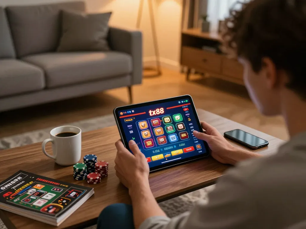 The user plays tx88 online casino games on a tablet in a cozy living room.