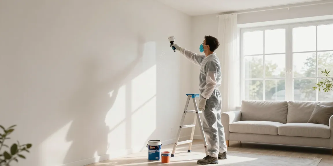 Professionele schilder voert latex spuiten uit in een modern woonkamer met behulp van airless spuitapparatuur voor een vlekkeloos resultaat.