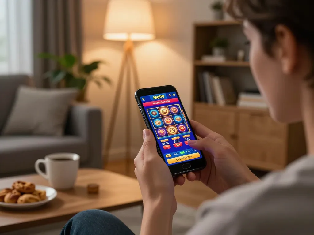 Person playing Me99 casino app on smartphone with winning slot game interface displayed