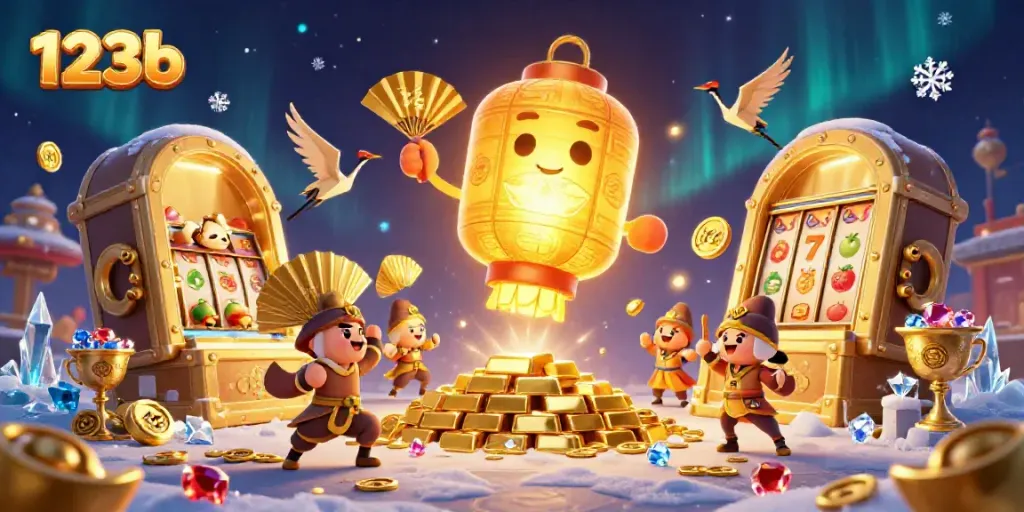 Engage with the vibrant casino world in 123b featuring golden lanterns and slot game elements.