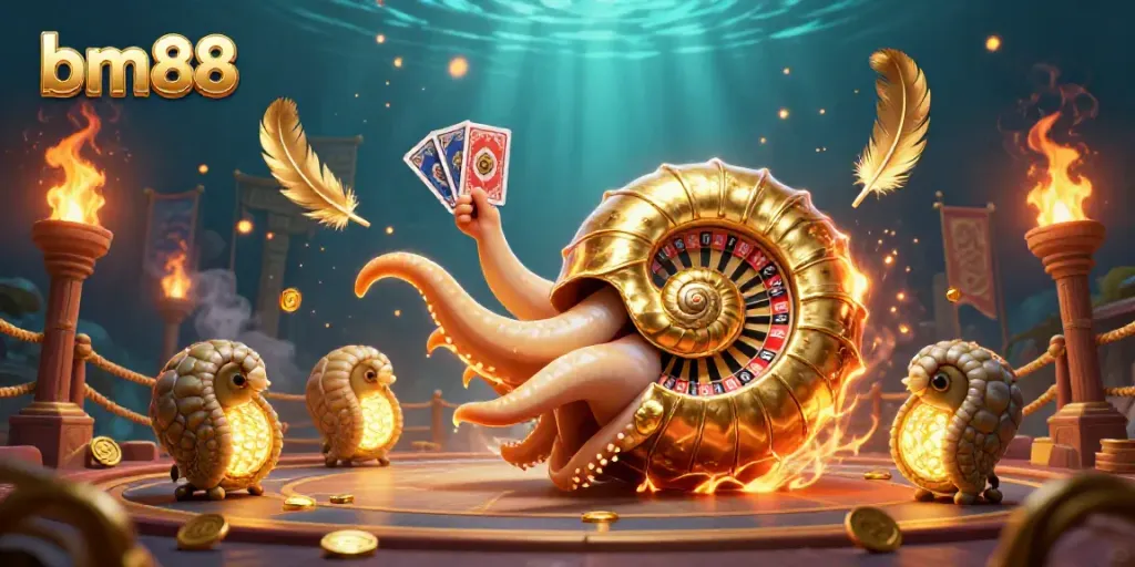 Experience the excitement of bm88 with a vibrant underwater casino scene featuring a giant nautilus roulette wheel.