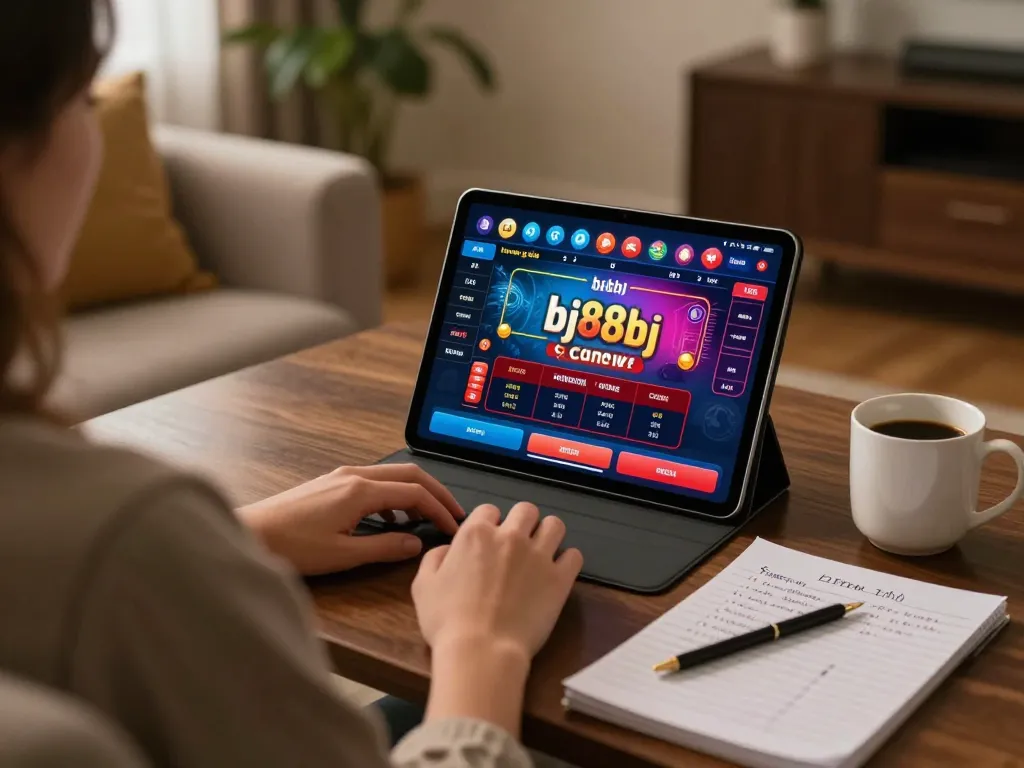 Engaging in online gaming at bj88bj with a tablet, featuring a cozy atmosphere and strategic notes