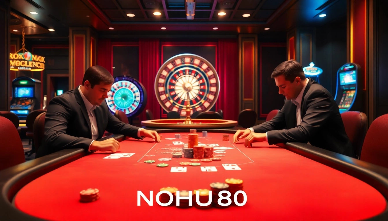 Gamble effortlessly at NOHU90 with a vibrant poker table and roulette wheel.